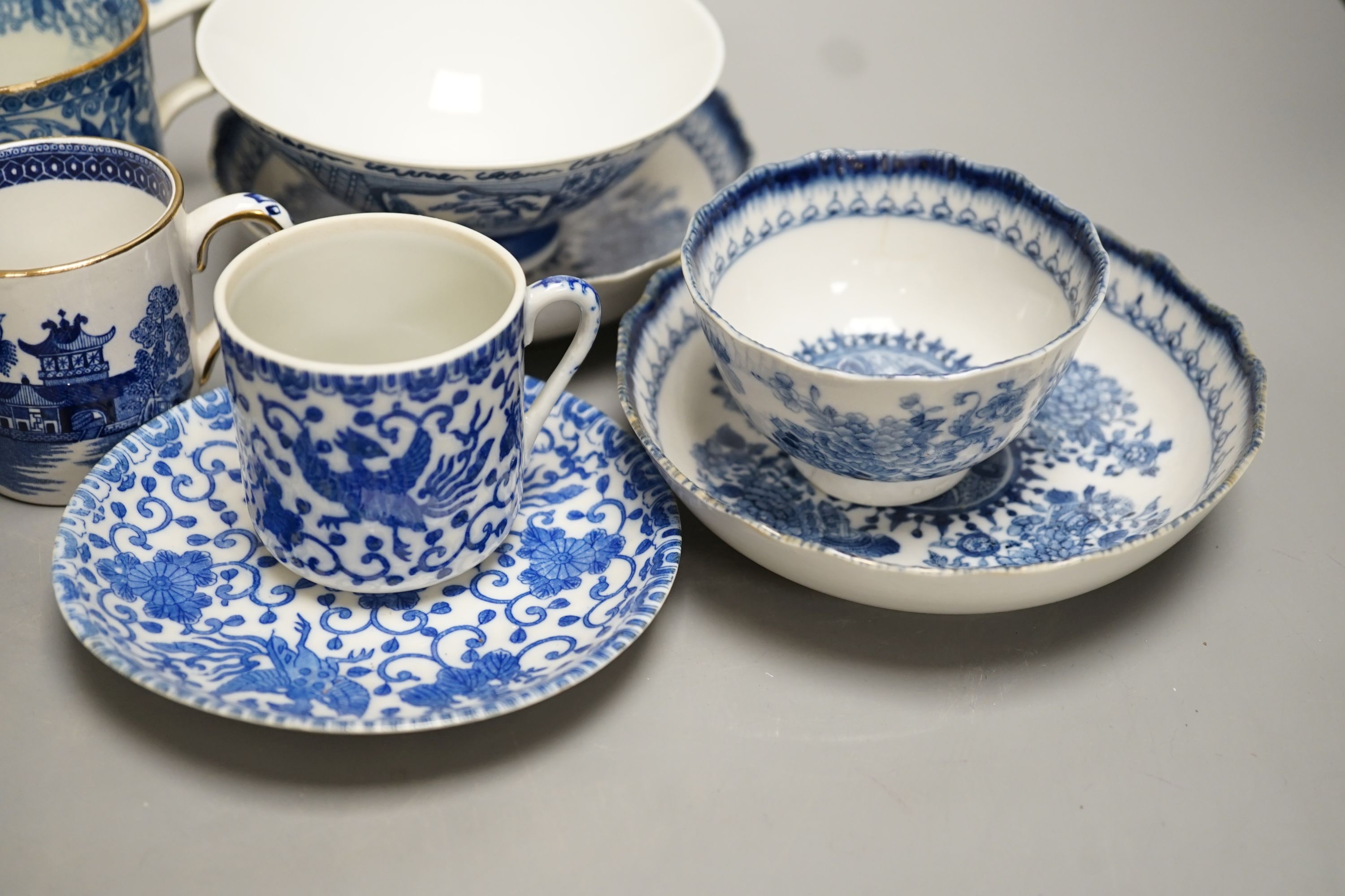 Mixed blue and white tableware including Burleigh ware, Wood’s and other 19th century blue and white china